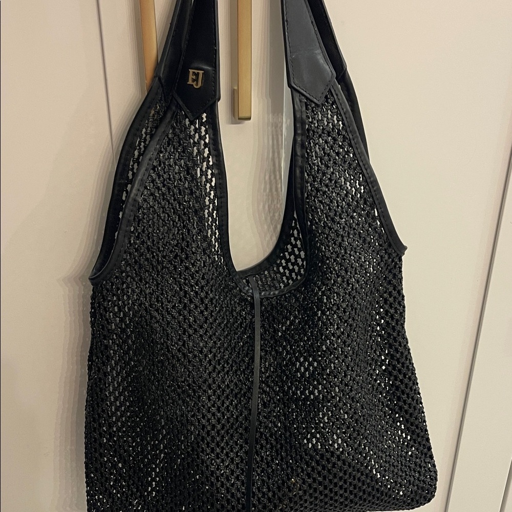 Eric Javitz mesh tote bag with leather trim.